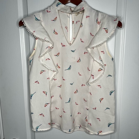 Sweet Wanderer flutter cap sleeve key hole blouse top birds ivory white small - Picture 1 of 10